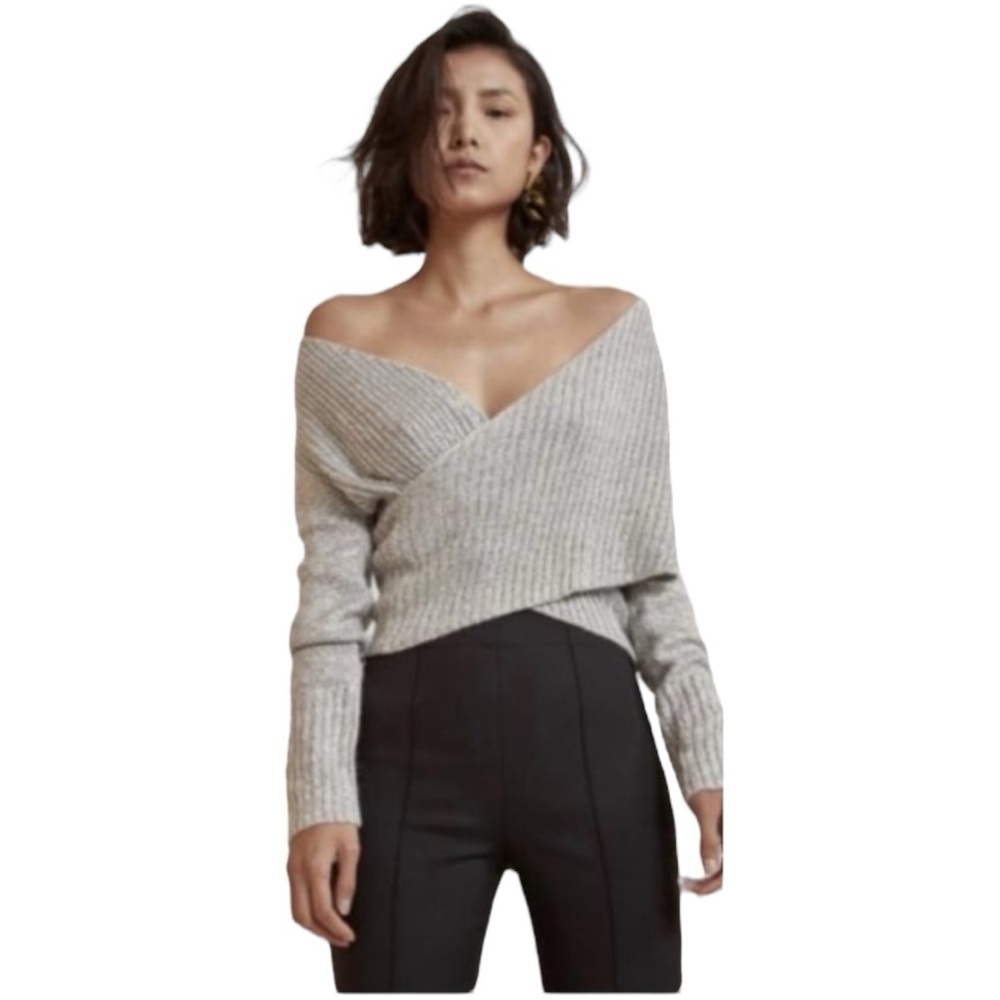 C/MEO Collective Crossover Cable Knit Wrap Sweater Beige Size XL V-Neck Knit